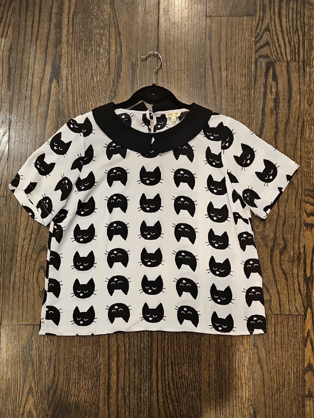 Black & Cream Cat Print Top with Peter Pan Collar